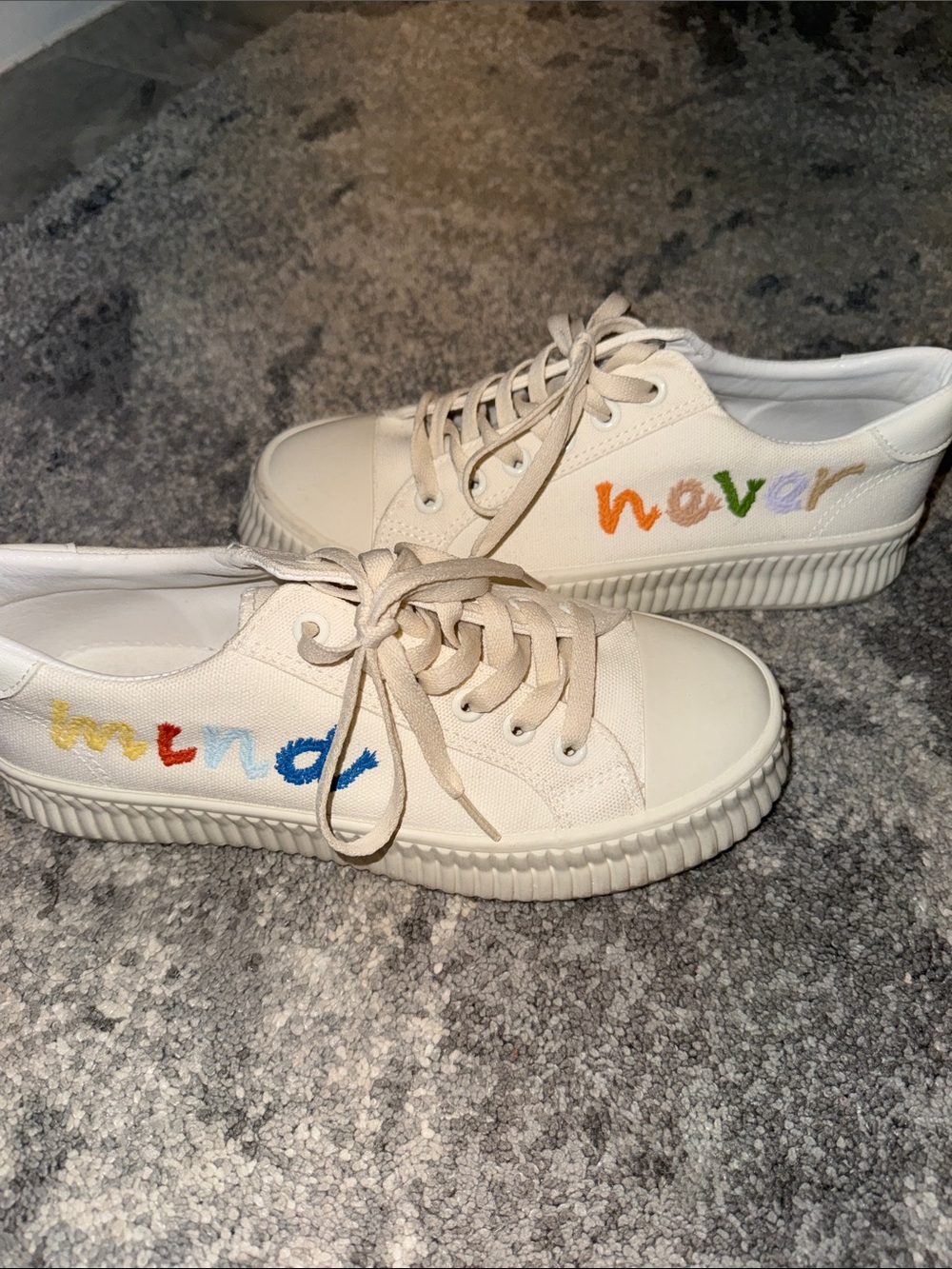 Canvas Sneakers with Multicolor Embroidery - “Never Mind”